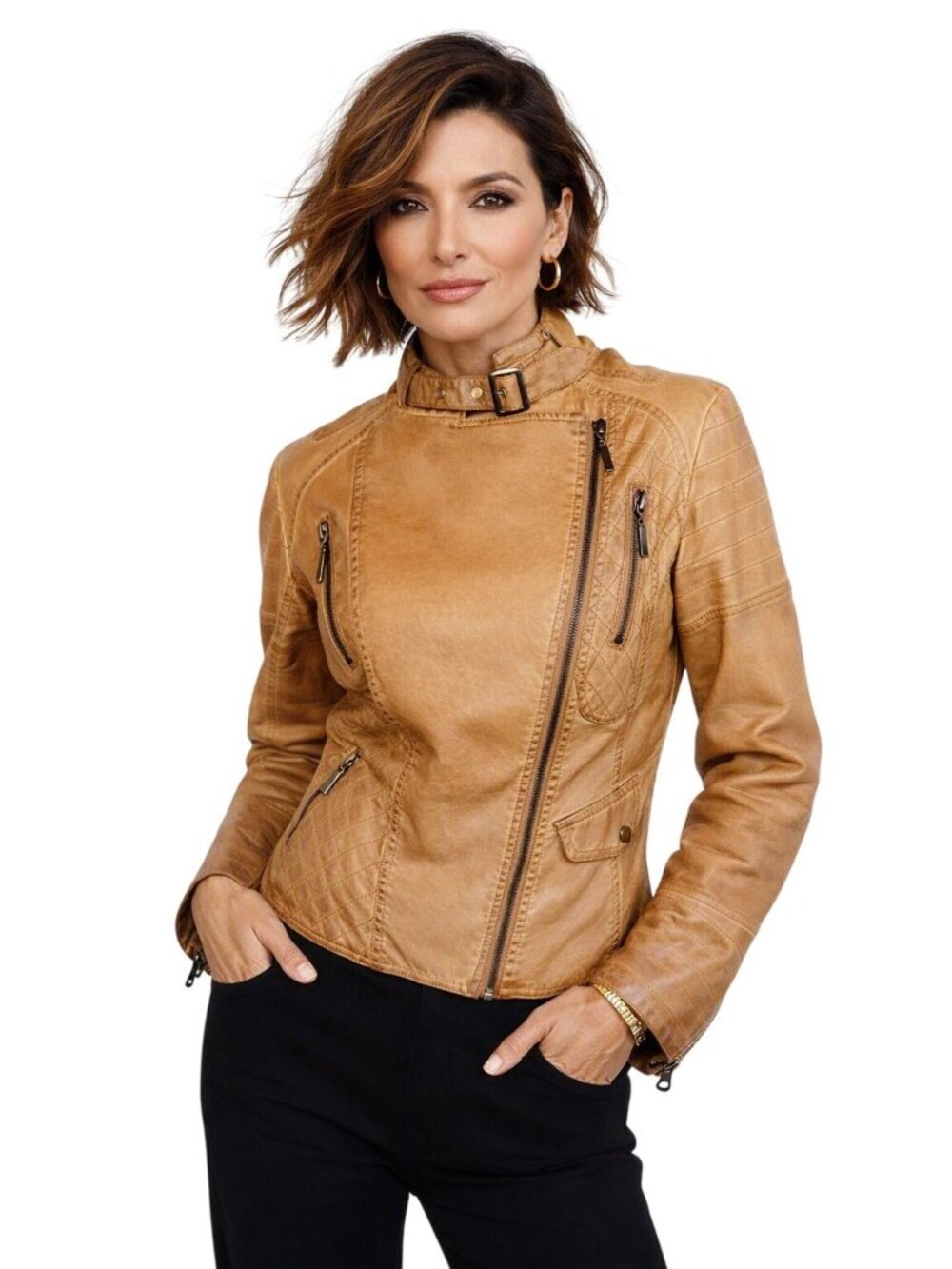 Vintage Max Edition Camel Faux Leather Bomber Biker Jacket Coat S 90s Y2K Moto